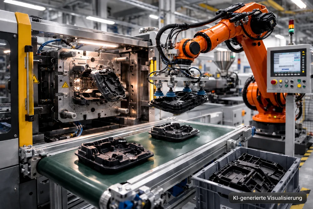 KI-generiertes Bild: Robotik und Automatisierung in der Kunststoffverarbeitung mit RoWiA aus Wolfsburg in Niedersachsen